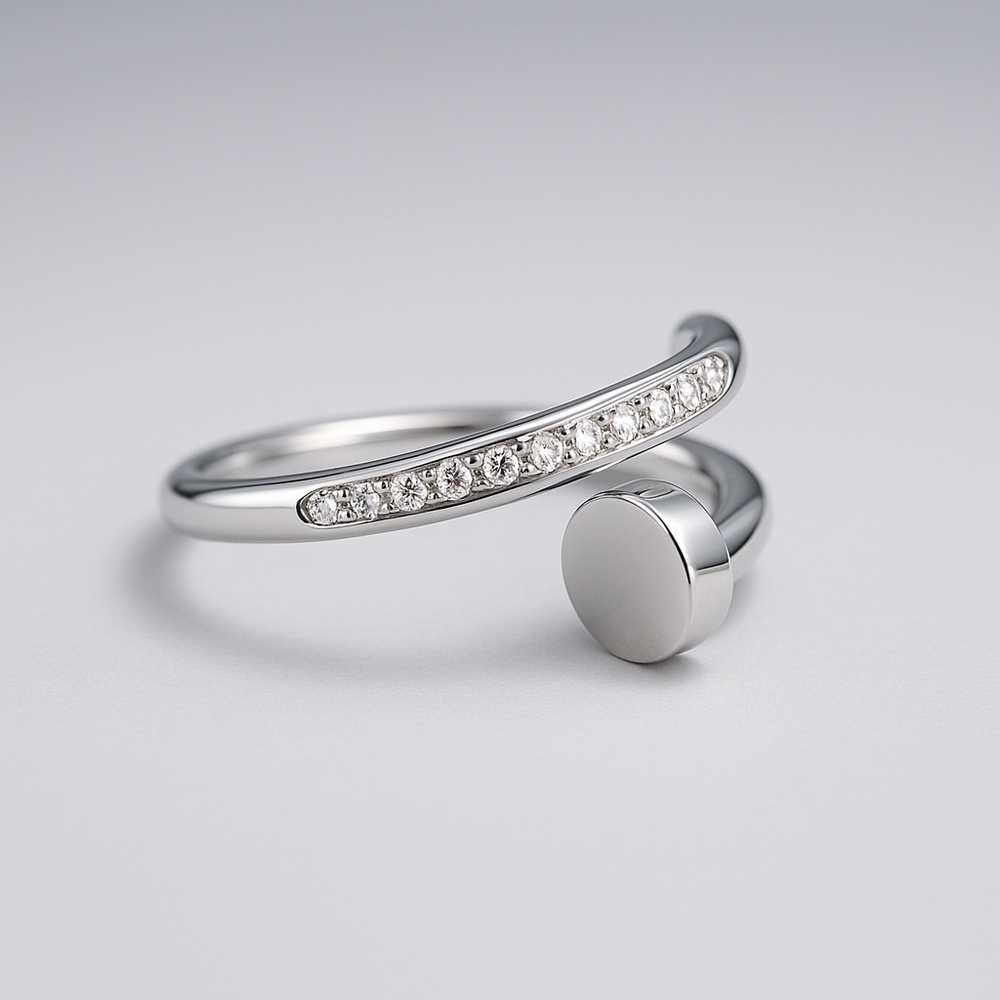 Silver Nail Design Ring with Crystals - Picture 2 of 2